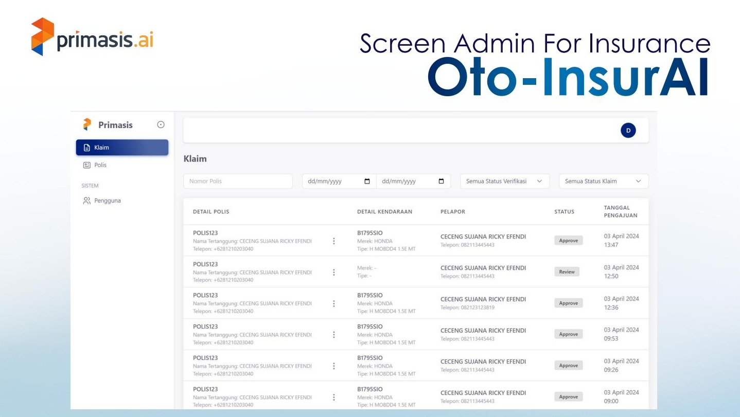 OTO-InsurAI Admin Screen for Insurance